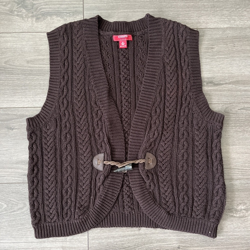 Chaps Cable Knit Cardigan Sweater Vest Brown Womens M Toggle Clasp